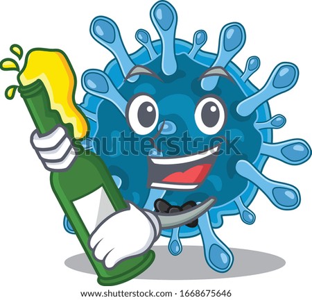 Microscopic coronavirus with bottle of beer mascot cartoon style