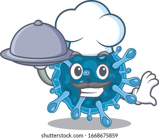 Coronavirus microscópico como personaje de caricatura del chef con comida en la bandeja