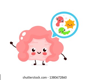 Microscopic good bacterias,microflora,viruses in Intestine. Vector flat illustration icon cartoon character design. Human intestine microflora,probiotics. Digestive tract or alimentary canal 