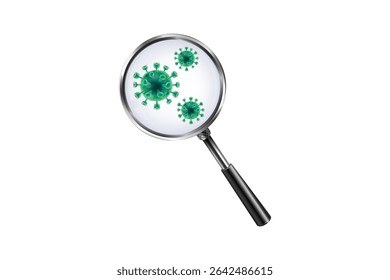 Células de vírus verdes microscópicas sob lupa, perfeitas para imagens de saúde, infecção e pandemia.