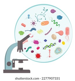 Microorganismos microscópicos que viven en un ícono gráfico de ilustración vectorial científica bioma