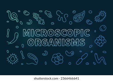 Microscopic Organisms vector Bacteriology concept thin line colored horizontal banner - Microorganisms illustration with dark background