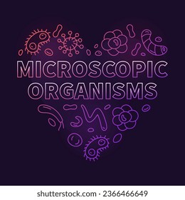 Microscopic Organisms vector Bacteriology concept thin line colored heart shaped banner - Microorganisms illustration with dark background