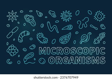 Microscopic Organisms vector Microbiology concept thin line blue horizontal banner - Microorganism illustration with dark background 