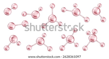 Microscopic pink collagen molecules realistic color icons set. Chemical bonds of protein structures 3d objects bundle on white background