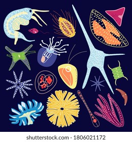 Microscopic plankton aquatic in the sea or ocean. Collection of water microorganism. Phytoplankton under microscope. Flat cartoon vector illustration