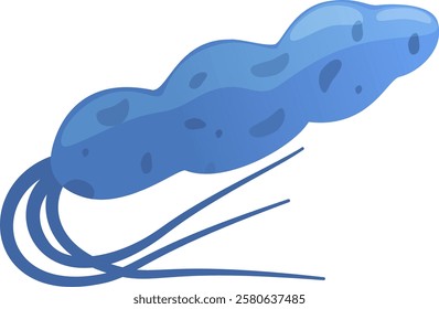 Microscopic representation of a blue prokaryotic microorganism with flagella, swimming and replicating by binary fission, causing infections and diseases