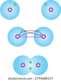 A microscopic representation of the events that occur during the formation of a covalent bond between two hydrogen atoms and the interactions that take place during these events.
