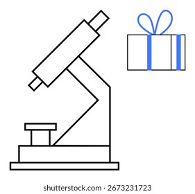 Microscopic research tool adjacent to a gift box with blue ribbon. Ideal for science education, research rewards, discovery, innovation, holiday gifts, academic achievements, and laboratory