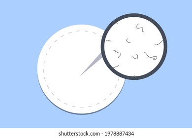 Microscopic strings or bacteria on cotton pad surface. Worms polluted not sterile swab. Stock vector illustration.