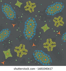 Microscopic stylised germs -coronavirus to pollen.Vector seamless repeat pattern. 