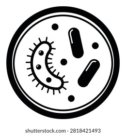Microscopic view of bacteria and microorganisms growing in a petri dish laboratory test