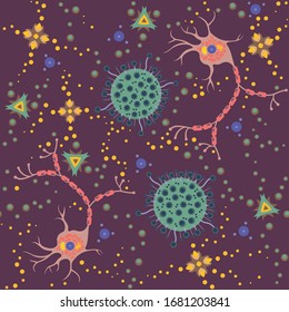 Microscopic view of cells. Stylised virus, disease or allergen. Vector seamless repeat pattern.