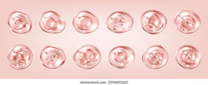 Microscopic view of collagen molecules realistic color icons set. Serum bubbles for skincare cosmetics 3d objects bundle on pink background