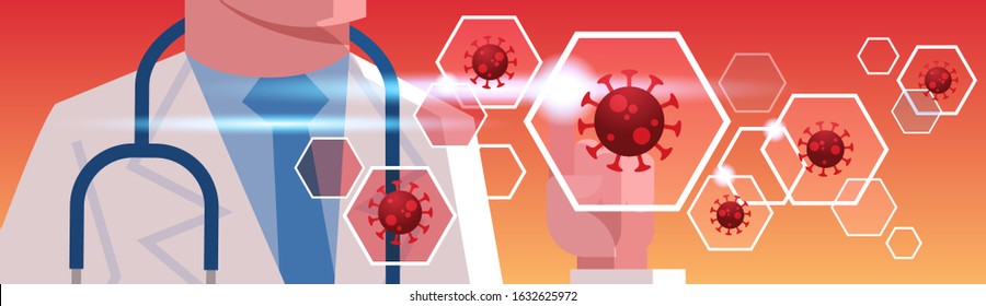 microscopic view of coronavirus cell 2019-nCoV flu outbreak doctor with stethoscope china pathogen respiratory MERS-CoV quarantine pandemic medical health risk concept horizontal vector illustration