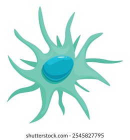 Microscopic view of a green virus cell spreading its tentacles, featuring a prominent blue nucleus in the center