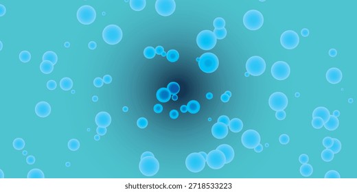 Visão microscópica de células azuis luminosas ou partículas com um brilho suave, ajustado contra um fundo escuro e turvo.