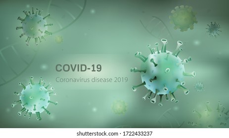 Microscopic virus particles and DNA on light green background with COVID-19 Coronavirus disease 2019 text on copy space