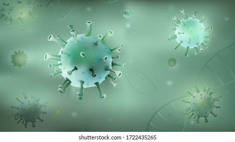 Microscopic virus particles and DNA on green background