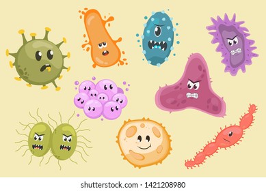Microscopic viruses and bacteria isolated. Cell vector set.