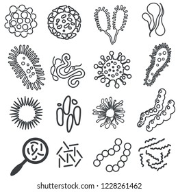 Microscopic viruses linear design, various shape. Bacteria infection set. Cell illness, germs parasite icon, bacterium and microorganism. Vector illustration
