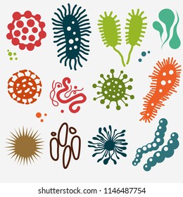 Microscopic viruses various color and shape. Bacteria infection set. Cell illness, germs parasite icon, bacterium and microorganism. Vector illustration