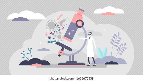 Microscopy vector illustration. Organisms closeup scene in flat tiny persons concept. Biological study about zoomed magnification used for medical knowledge improvement. Laboratory research equipment