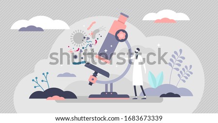 Microscopy vector illustration. Organisms closeup scene in flat tiny persons concept. Biological study about zoomed magnification used for medical knowledge improvement. Laboratory research equipment
