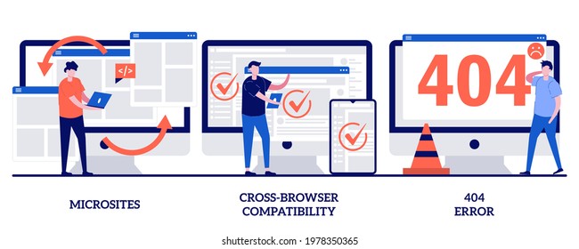Microsite interface, cross-browser compatibility, 404 error concept with tiny people. Web development vector illustration set. Programming, company page, page not found, website user metaphor.