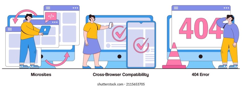 Microsite interface, cross-browser compatibility, 404 error concept with tiny people. Web development vector illustration set. Programming, company page, page not found, website user metaphor.