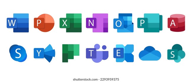 Microsoft Office 365: Excel, PowerPoint, Publisher, Sway, Outlook, SharePoint, Access, Exchange, Word, Yammer, OneDrive, Teams, Skype, OneNote, Yammer. Editorial vector