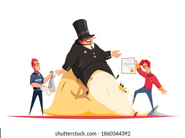 Microstock royalties concept with caricature businessman sitting on heap of money vector illustration