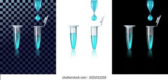 Microtest tube for laboratory researches closed and open with a water drop over her. On a transparent, white and black background separately. Concept of the test, realistic vector illustration.