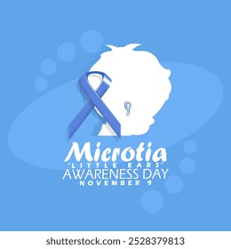 El Día de Concienciación Microtia se celebra el 9 de noviembre. Cinta de campaña azul claro e ilustración de una oreja deformada sobre fondo azul claro. Microtia proviene de Latina que significa 'orejita'.