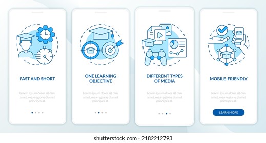 Microtraining aspects blue onboarding mobile app screen. Walkthrough 4 steps editable graphic instructions with linear concepts. UI, UX, GUI template. Myriad Pro-Bold, Regular fonts used