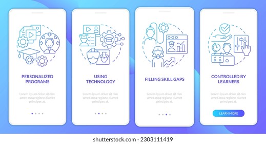 Mejores prácticas de microentrenamiento pantalla de aplicación móvil con degradado azul. Recorrido 4 pasos instrucciones gráficas con conceptos lineales. UI, UX, plantilla GUI. Multitud de tipos de letra Pro-Bold, con uso regular