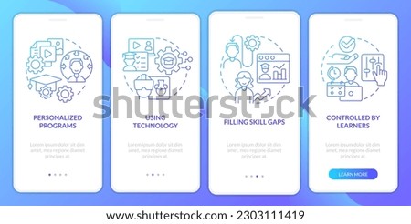 Microtraining best practices blue gradient onboarding mobile app screen. Walkthrough 4 steps graphic instructions with linear concepts. UI, UX, GUI template. Myriad Pro-Bold, Regular fonts used