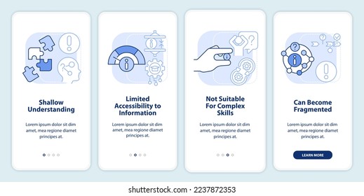 Negativos de microentrenamiento pantalla de aplicaciones móviles en color azul claro. Recorrido 4 pasos instrucciones gráficas editables con conceptos lineales. UI, UX, plantilla GUI. Multitud de tipos de letra Pro-Bold, con uso regular