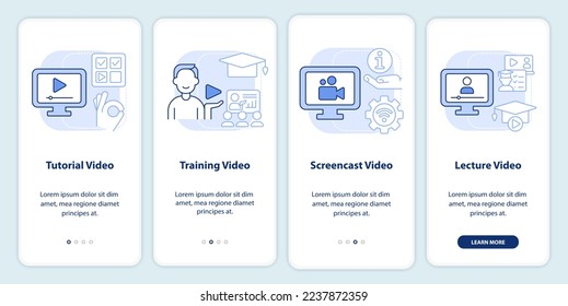 Microtraining video types light blue onboarding mobile app screen. Walkthrough 4 steps editable graphic instructions with linear concepts. UI, UX, GUI template. Myriad Pro-Bold, Regular fonts used
