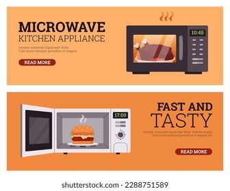 Microwave advertising web banners set, flat vector illustration. Kitchen appliance shop brochure. Concept of cooking food and modern technology.