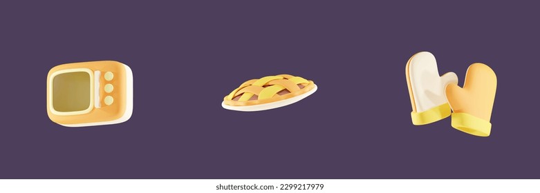 Ilustración de iconos 3D por microondas, Apple Pie y Oven Mitt