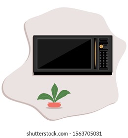 Microwave, black color on a beige wavy icon, home plant in a ceramic pot - isolated on white background - flat style - vector. Kitchen Appliances.