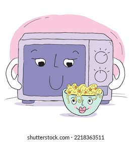 Microwave, bowl of noodles with eyes smile to each other