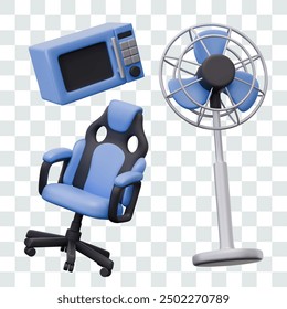 Microondas, silla de juego, ventilador de piso. Conjunto de Plantillas de Vector aisladas