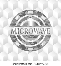 Microwave grey badge with geometric cube white background
