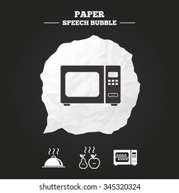 Microwave grill oven icons. Cooking apple and pear signs. Food platter serving symbol. Paper speech bubble with icon.