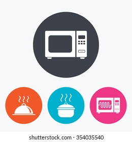 Microwave grill oven icons. Cooking pan signs. Food platter serving symbol. Circle flat buttons with icon.