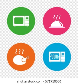 Microwave grill oven icons. Cooking chicken signs. Food platter serving symbol. Round buttons on transparent background. Vector