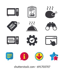 Microwave grill oven icons. Cooking chicken signs. Food platter serving symbol. Browser window, Report and Service signs. Binoculars, Information and Download icons. Stars and Chat. Vector