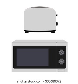 Microwave heater oven and bread toaster vector illustration. White microwave icon. Kitchen equipment.